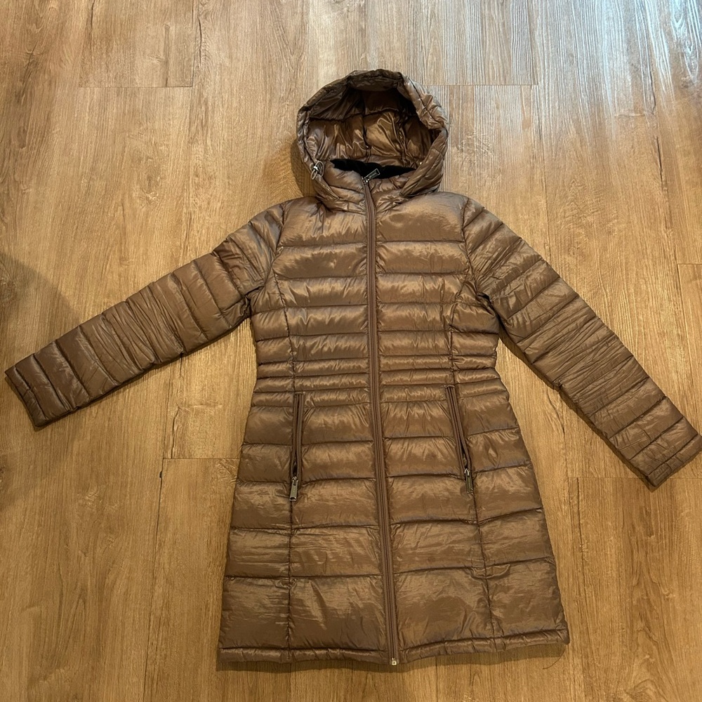 Andrew Marc Brown Puffer Jacket with Quilted Design and Stand-Up Collar